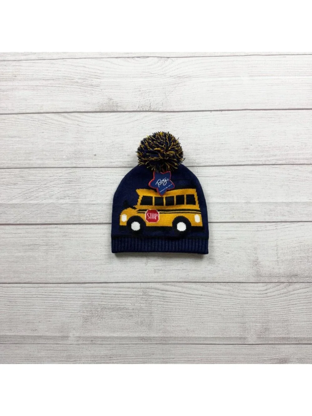 Toby School Bus Knit Beanie Pom  Navy Yellow Toddler NWT 2-4 Years